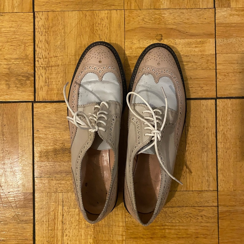 Robert Clergerie Classic Two-Tone Woman’s Wingtip Oxfords in Beige and White